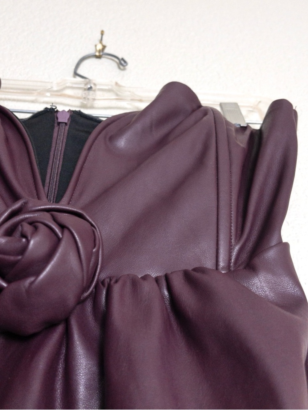 Ashley Park Voila Vegan Leather Mini Dress 12 Plum Strapless Rose Bow RTR - Picture 7 of 15